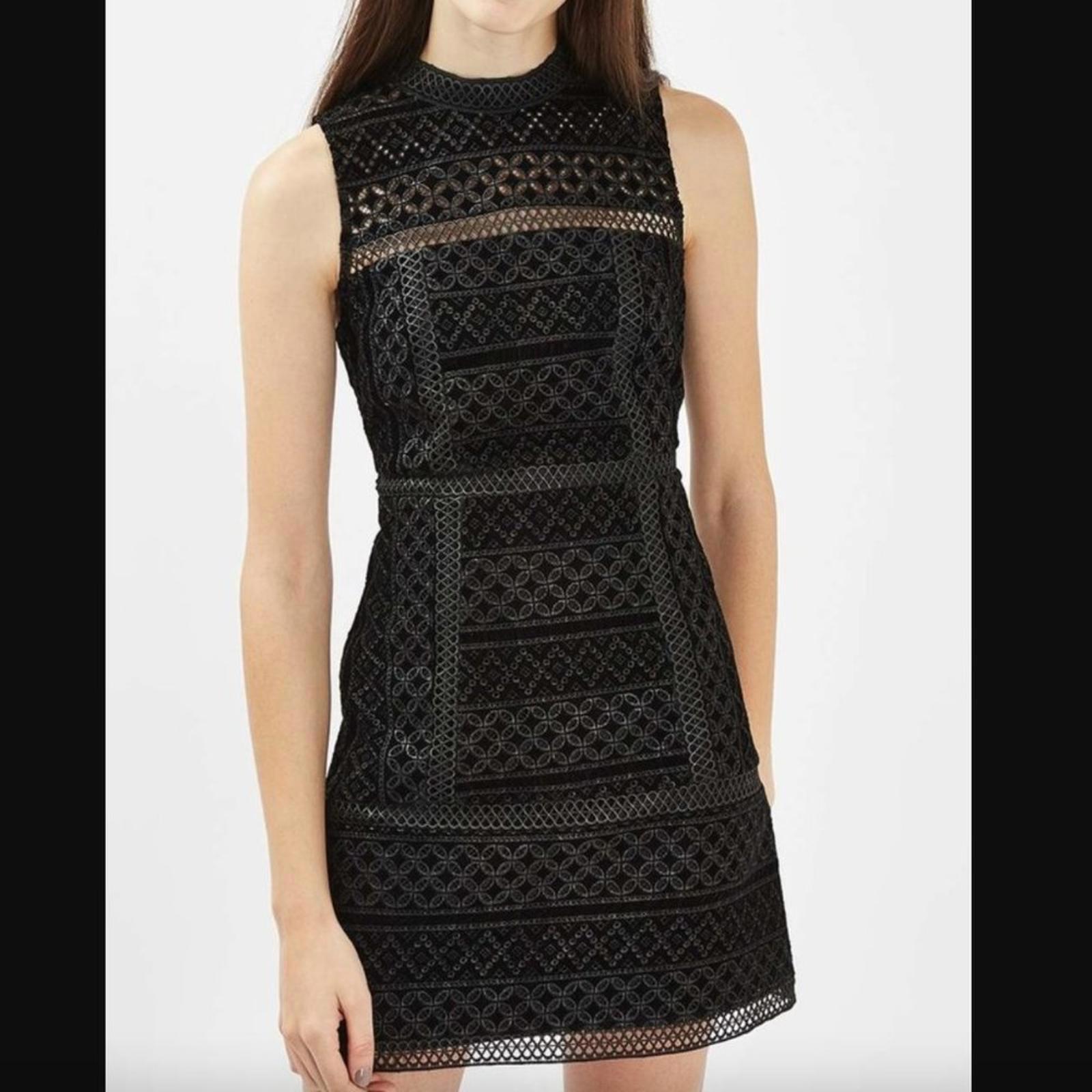Topshop Black Velvet Cutwork Lace High Neck Mini Dress Party Size 2